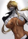  1girl abs arrancar bangs bleach blonde_hair breast_tattoo breasts commentary cropped_jacket dark-skinned_female dark_skin eyelashes green_eyes hair_between_eyes hair_ornament hip_vent huge_breasts jacket jikihatiman long_bangs long_hair looking_at_viewer mask navel number_tattoo shrug_(clothing) simple_background solo tattoo tier_harribel upper_body white_background white_jacket 