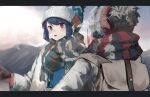  2girls absurdres backpack bag beanie blue_hair blurry blurry_background breath gloves hat highres kagamihara_nadeshiko leadin_the_sky letterboxed multiple_girls outdoors pink_eyes pink_hair scarf shima_rin yurucamp 