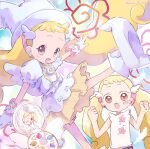  blonde_hair blush boots brown_eyes dress earrings frills gloves hair_bobbles hair_ornament hand_mirror hano_luno hat highres jewelry long_hair looking_at_viewer magical_girl makihatayama_hana mirror ojamajo_doremi open_mouth short_hair smile twintails white_dress witch_hat 