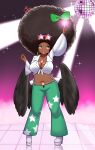  +_+ 1girl absurdres afro alternate_hairstyle alternate_skin_color belt bird_wings black_wings blush bow breasts brown_belt brown_hair cape cleavage collared_shirt comb commentary_request crop_top dark-skinned_female dark_skin disco_ball eyewear_on_head full_body green_bow green_pants hair_bow heart highres large_breasts looking_at_viewer low_wings midriff mind_control navel open_mouth pants pointing pointing_up red_eyes reiuji_utsuho shirt smile solo sparkle standing star-shaped_eyewear star_(symbol) star_print sunglasses third_eye tied_shirt touhou white_cape white_shirt wide_sleeves wings yuafro 