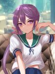  1girl absurdres akebono_(kancolle) bad_anatomy bell blush closed_mouth collarbone dangan_kurabu flower green_sailor_collar hair_bell hair_between_eyes hair_flower hair_ornament highres jingle_bell kantai_collection long_hair looking_at_viewer pink_flower purple_eyes purple_hair sailor_collar school_uniform serafuku short_sleeves side_ponytail solo upper_body 