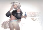  1girl absurdres alternate_costume arknights bangs bare_shoulders black_jacket blush bottle breasts casual cleavage copyright_name cowboy_shot crop_top cropped_jacket gradient gradient_background grey_hair hair_between_eyes highres holding holding_bottle jacket long_sleeves looking_at_viewer navel open_clothes open_jacket palm_tree pants parted_lips partially_unzipped photoshop_(medium) red_eyes saigakobaru smile solo specter_(arknights) stomach tree v visor_cap water_bottle white_pants zipper_pull_tab 