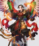  1boy akakokko_(niro_azarashi) armor birdmen black_footwear black_hair burning character_name chinese_armor chinese_clothes closed_mouth english_text feathered_wings looking_at_viewer peacock_feathers red_eyes short_hair smile wang_guang_feng wings 