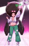  +_+ 1girl absurdres afro alternate_hairstyle belt bird_wings black_wings blush bow breasts brown_belt brown_hair cape cleavage collared_shirt comb commentary_request crop_top disco_ball eyewear_on_head full_body green_bow green_pants hair_bow heart highres large_breasts looking_at_viewer low_wings midriff mind_control navel open_mouth pants pointing pointing_up red_eyes reiuji_utsuho shirt smile solo sparkle standing star-shaped_eyewear star_(symbol) star_print sunglasses third_eye tied_shirt touhou white_cape white_shirt wide_sleeves wings yuafro 