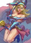  1girl :d bare_shoulders blonde_hair blush_stickers breasts cleavage dark_magician_girl duel_monster green_eyes hat kazo large_breasts leotard long_hair looking_at_viewer open_mouth smile solo staff_riding thighs wand yu-gi-oh! 