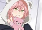  1boy animal_hood bangs bear_hood black_jacket crossed_bangs green_eyes grin hair_between_eyes highres holding holding_stuffed_toy holostars hood hood_up hoodie jacket light_blush looking_at_viewer male_focus off_shoulder official_alternate_costume pink_hair portrait rikka_(holostars) short_hair smile solo stuffed_animal stuffed_toy teddy_bear tsukky virtual_youtuber white_hoodie 