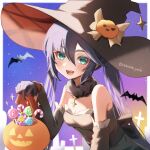  1girl :d alternate_costume aqua_eyes bangs bare_shoulders bat_(animal) black_gloves black_hair black_headwear blush breasts cleavage detached_sleeves doyamona fur_collar genshin_impact gloves hair_between_eyes halloween halloween_bucket halloween_costume hat hat_ornament highres holding long_hair long_sleeves looking_at_viewer mona_(genshin_impact) open_mouth pumpkin_hat_ornament revision signature small_breasts smile solo tombstone twintails twitter_username witch_hat 