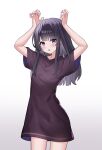  1girl :d absurdres arms_up bangs black_hair blush contrapposto cowboy_shot grey_background highres long_hair nagisa_(cxcx5235) open_mouth original oversized_clothes oversized_shirt purple_eyes shiny shiny_hair shirt short_sleeves simple_background smile solo two-sided_shirt 