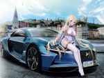  1girl absurdres azur_lane bare_shoulders blonde_hair blue_eyes breast_cutout breasts brest_(azur_lane) car cleavage_cutout clothing_cutout covered_navel elbow_gloves elf gloves ground_vehicle high_heels highres kcar66t large_breasts legs leotard long_hair motor_vehicle pointy_ears race_queen sitting_on_car sports_car thighhighs white_leotard white_thighhighs 