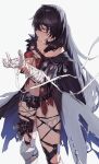  1girl absurdres bandaged_arm bandages bangs belt black_cape black_hair breasts cape cleavage hair_between_eyes highres holding_own_wrist long_hair looking_at_viewer medium_breasts midriff navel parted_lips simple_background solo standing tales_of_(series) tales_of_berseria thigh_belt thigh_strap torn_thighhighs tunamayo_(dsasd751) velvet_crowe very_long_hair white_background yellow_eyes 