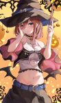  1girl absurdres arm_up bangs bat_wings belt black_choker black_headwear black_skirt blue_belt blue_eyes blush breasts choker closed_mouth clothing_cutout crop_top detached_sleeves fake_wings go-toubun_no_hanayome hair_between_eyes halloween hand_on_own_cheek hand_on_own_face hat heart_cutout highres holding holding_wand large_breasts long_hair low_wings nakano_miku navel pumpkin raikun_raikun red_hair shirt skirt sleeveless sleeveless_shirt smile stomach wand white_shirt wings witch_hat 