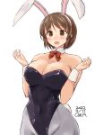  1girl animal_ears artist_name black_leotard blush bow bowtie breasts brown_eyes brown_hair covered_navel dated detached_collar fake_animal_ears fake_tail grey_pantyhose highres kantai_collection large_breasts leotard looking_at_viewer natori_(kancolle) open_mouth owa_(ishtail) pantyhose playboy_bunny rabbit_ears rabbit_tail short_hair solo strapless strapless_leotard tail traditional_bowtie wrist_cuffs 