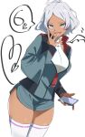  1girl asticassia_school_uniform breasts cellphone collarbone covering_mouth dark-skinned_female dark_skin episode_number green_eyes green_shorts grey_hair gundam gundam_suisei_no_majo hand_over_own_mouth heart highres holding holding_phone jacket large_breasts nail_polish open_mouth partially_unzipped phone school_uniform secelia_dote short_hair shorts showhey!! simple_background skindentation smartphone smile solo speech_bubble thighhighs thighs white_background white_nails white_thighhighs zettai_ryouiki 