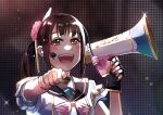  1girl bangs blush brown_hair commentary_request english_commentary fingerless_gloves gloves highres holding holding_megaphone kusunoki_tomori like_it!_love_it! looking_at_viewer love_live! love_live!_nijigasaki_high_school_idol_club medium_hair megaphone microphone myonmukyuu orange_eyes partial_commentary real_life side_ponytail sidelocks single_glove solo upper_body voice_actor voice_actor_connection yuuki_setsuna_(love_live!) 