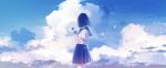  1girl amenomori_howa black_sailor_collar blue_skirt blue_sky bob_cut cloud flower highres holding holding_flower looking_away original pleated_skirt sailor_collar scenery school_uniform serafuku shirt short_hair short_sleeves skirt sky solo standing white_flower white_shirt wide_shot 