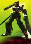  chainsaw_man copyright_name denji_(chainsaw_man) english_commentary fusion green_background gundam gundam_unicorn looking_down mecha no_humans open_hand pump_(pumpqmuq) robot science_fiction sharp_teeth sketch solo teeth unicorn_gundam 