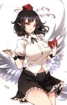  1girl bird_wings black_hair black_ribbon black_skirt black_wings breasts calligraphy_brush collared_shirt feathered_wings frilled_skirt frills hat highres huge_breasts large_breasts notebook paintbrush pencil pointy_ears pom_pom_(clothes) popped_button quill raptor7 red_eyes red_headwear ribbon shameimaru_aya shirt short_sleeves skirt solo thighs tokin_hat touhou white_shirt wings 
