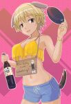  1girl animal_ears birthday blonde_hair blue_shorts blush bottle brave_witches breasts brown_eyes cleavage collarbone dated dog_ears dog_tail edytha_rossmann happy_birthday hat highres holding holding_bottle keicha_(kmoekaki) large_breasts looking_at_viewer military_hat navel open_mouth shiny shiny_hair shiny_skin short_hair shorts smile solo tail waltrud_krupinski wine_bottle world_witches_series 