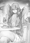  5girls absurdres akagi_(kancolle) arms_behind_head breasts chair cleavage commentary crossed_legs crossover demon_horns fate/grand_order fate_(series) food graphite_(medium) greyscale hair_over_one_eye highres hood horns jewelry kaga_(kancolle) kama_(fate) kantai_collection kojima_takeshi large_breasts long_hair long_sleeves looking_at_viewer monochrome multiple_girls necklace oda_nobunaga_(fate) oda_nobunaga_(maou_avenger)_(fate) oda_uri open_clothes open_mouth open_shirt pointing sandwich sesshouin_kiara shorts side_ponytail sitting sketch standing traditional_media 