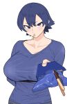  1girl arm_behind_back bangs blue_eyes blue_hair blue_sweater box breasts food food_in_mouth highres large_breasts mouth_hold original pocky short_hair sweater vulcan_(ejel2000) wrapper 