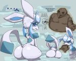  ambiguous_gender annoyed big_butt blue_body blue_fur blue_nose butt commonbleat dialogue eeveelution eyeshadow feral finger_in_mouth fur generation_4_pokemon glaceon human ice makeup male mammal nintendo overweight pokemon pokemon_(species) solo_focus thick_thighs video_games white_body white_fur 