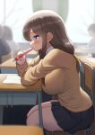  1girl aikawa_fuuri bangs black_skirt blue_eyes blurry blurry_background blush breasts brown_cardigan brown_hair cardigan chair classroom collared_shirt commentary_request desk holding holding_pencil indoors large_breasts maku_ro notebook original pencil pleated_skirt school_chair school_desk school_uniform shirt sitting skirt solo solo_focus thick_thighs thighs white_shirt 