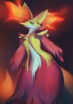  anthro big_ears black_nose cheek_tuft delphox elbow_tuft facial_tuft female fur generation_6_pokemon glistening glistening_eyes green_eyes hi_res inner_ear_fluff looking_at_viewer looking_down looking_down_at_viewer mouth_closed narrowed_eyes nintendo nude orange_inner_ear_fluff pokemon pokemon_(species) portrait red_body red_fur shermugi shoulder_tuft simple_background solo three-quarter_portrait tuft video_games white_body white_fur yellow_body yellow_fur 
