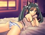  1girl absurdres animal_ears animal_hands arm_support ass bed blue_stripes blush breasts butt_crack cameltoe cat_ears closed_mouth crotch fake_animal_ears francesca_lucchini gloves green_eyes green_hair hair_ribbon highres indoors lewdbroccoli lingerie long_hair looking_at_viewer lying negligee no_bra on_bed on_stomach panties paw_gloves ribbon see-through shiny shiny_hair small_breasts solo strike_witches striped striped_panties twintails underwear white_stripes window world_witches_series 