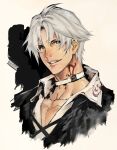  1boy bangs black_jacket brown_eyes choker collarbone collared_shirt final_fantasy final_fantasy_xiv grey_hair highres jacket kin_mokusei male_focus neck_tattoo parted_bangs parted_lips portrait shirt short_hair smile solo tattoo teeth thancred_waters upper_body white_choker white_shirt 