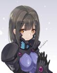  1girl artist_name bangs blush bodysuit breasts brown_eyes brown_hair fortified_suit grey_background hair_behind_ear hair_intakes hair_ornament hairclip highres jun_(rellik_&amp;_redrum) looking_at_viewer medium_breasts muvluv muvluv_alternative muvluv_alternative_(anime) own_hands_together purple_bodysuit short_hair smile solo usuki_sakura 