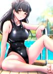  1girl barefoot black_hair black_one-piece_swimsuit blurry blurry_background breasts brown_eyes cameltoe competition_swimsuit idolmaster idolmaster_shiny_colors long_hair mayuzumi_fuyuko medium_breasts one-piece_swimsuit pool pool_ladder shohei_(piranha5hk) sitting solo swimsuit two_side_up 