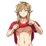  1boy bangs bare_arms blonde_hair closed_mouth clothes_lift collarbone earrings expressionless grey_background jewelry lifted_by_self link long_hair looking_at_viewer male_focus monbetsu_kuniharu navel nipples out-of-frame_censoring parted_bangs pectorals pointy_ears shirt shirt_lift short_sleeves simple_background solo stomach t-shirt the_legend_of_zelda the_legend_of_zelda:_breath_of_the_wild toned toned_male upper_body 
