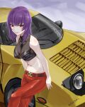  1girl artist_name belt black_shirt brown_belt brown_eyes cropped_shirt grey_background headlight highres jun_(rellik_&amp;_redrum) kouzuki_yuuko lancia_(brand) lancia_stratos looking_to_the_side midriff muvluv muvluv_alternative muvluv_alternative_(anime) navel pants red_pants shirt sitting sleeveless sleeveless_shirt solo 