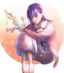  1girl :d aki_(neyuki41028) bangs barefoot black_ribbon cherry_blossoms dress fate/stay_night fate_(series) hair_between_eyes hair_ribbon jacket long_dress long_hair long_sleeves matou_sakura open_clothes open_jacket open_mouth pink_jacket purple_eyes purple_hair red_ribbon rei_no_himo ribbon shiny shiny_hair sitting smile solo white_dress 