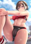  1girl bangs bare_legs black_buruma blue_eyes breasts brown_hair buruma cameltoe closed_mouth covered_nipples day hair_between_eyes highres kase_daiki looking_at_viewer medium_breasts mole mole_on_thigh mole_under_eye navel original outdoors red_sports_bra shoes short_hair solo sports_bra standing standing_on_one_leg stomach sweat 