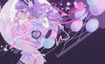  1girl arms_up balloon blush crescent crop_top frilled_hairband frills hair_ornament hairband long_sleeves original panties pastel_colors profile purple_hair rabbit_hair_ornament red_eyes ribbon underwear upper_body wata_meuko white_panties yami_kawaii 