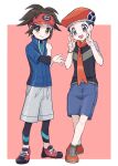  2boys :d blue_jacket bodysuit bodysuit_under_clothes border bright_pupils brown_eyes brown_hair closed_mouth commentary_request double_v grey_shorts hands_up hat highres jacket knees lucas_(pokemon) male_focus multiple_boys nate_(pokemon) open_mouth pink_background pokemon pokemon_(game) pokemon_bw2 pokemon_dppt red_headwear sana_(37pisana) scarf shoes short_hair shorts smile standing v visor_cap white_border white_pupils 