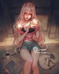  1girl adjusting_bra adjusting_clothes bare_shoulders black_bra blue_shorts bra breasts cat chain chainsaw_man clothes_pull coffee_cup cup demon_girl demon_horns denim denim_shorts disposable_cup feet_out_of_frame hair_between_eyes horns jet_kimchrea long_hair medium_breasts meowy_(chainsaw_man) midriff_peek navel pink_hair pink_shirt power_(chainsaw_man) red_eyes red_horns sharp_teeth shirt shirt_pull short_sleeves shorts signature teeth tongue tongue_out twitter_username underwear 