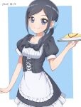  1girl 2020 aizawa_zawapo alternate_costume apron bangs black_bow black_bowtie black_hair black_skirt black_sleeves blue_eyes blue_scrunchie blush bow bowtie closed_mouth dated enmaided food frilled_skirt frills hair_ornament hair_over_shoulder hair_scrunchie healin&#039;_good_precure highres holding holding_plate long_hair looking_at_viewer maid miniskirt omelet omurice parted_bangs plate precure sawaizumi_chiyu scrunchie shiny shiny_hair short_sleeves skirt smile solo standing underbust waist_apron white_apron 