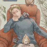  1boy animal_on_shoulder armchair bird bird_on_shoulder blonde_hair blue_sweater book book_on_lap chair commentary hand_on_own_face head_rest jujutsu_kaisen leaf male_focus nanami_kento nekoyanaginekoko open_book owl short_hair sitting sleeping solo sweater turtleneck turtleneck_sweater 