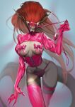  breasts clothed clothing female front_view hair hi_res humanoid_pointy_ears latex_legwear latex_topwear legwear long_hair monster muzzle_(object) muzzled not_furry panties pink_clothing pink_legwear pink_panties pink_topwear pink_underwear portrait red_hair sharp_teeth shermugi simple_background skimpy solo standing tan_body tan_breasts teeth three-quarter_portrait topwear underwear 