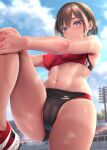  1girl bangs bare_legs black_buruma blue_eyes breasts brown_hair buruma cameltoe closed_mouth covered_nipples day hair_between_eyes highres kase_daiki looking_at_viewer medium_breasts mole mole_on_thigh mole_under_eye navel original outdoors red_sports_bra shoes short_hair solo sports_bra standing standing_on_one_leg stomach sweat tan tanlines 