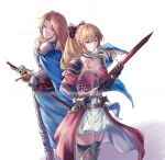  2girls absurdres armor back-to-back bangs black_gloves black_thighhighs blonde_hair blue_cape bow breasts brown_eyes brown_hair cape choker cleavage floating_hair gauntlets gloves granblue_fantasy grey_bow hair_between_eyes hair_bow hair_intakes highres holding holding_sword holding_weapon katalina_(granblue_fantasy) long_hair looking_at_viewer looking_back medium_breasts miniskirt multiple_girls no_shigua6417 ponytail sheath sheathed shiny shiny_hair shoulder_armor simple_background skirt standing strapless sword thighhighs very_long_hair vira_(granblue_fantasy) weapon white_background white_choker white_skirt 