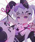  1girl animal_ears bandaid belt blood blood_splatter cutting gothic_lolita hair_ornament hairclip halo highres jirai_kei lolita_fashion long_hair nail_polish original pink_eyes rabbit rabbit_ears scissors twintails wata_meuko white_hair yami_kawaii 