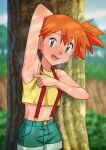  1girl absurdres armpits bangs bare_arms blush commentary_request cropped_shirt day eyelashes green_eyes green_shorts half-closed_eye highres looking_at_viewer miraa_(chikurin) misty_(pokemon) navel open_mouth orange_hair outdoors pokemon pokemon_(anime) pokemon_(classic_anime) presenting_armpit shirt short_hair shorts side_ponytail sleeveless sleeveless_shirt solo suspenders sweat tongue tree yellow_shirt 