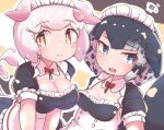  2girls alternate_costume animal_ears apron black_dress blue_eyes blue_hair blush bow bowtie cetacean_tail detached_collar dolphin_girl dress enmaided frilled_apron frilled_dress frilled_sleeves frills grey_hair hair_bow highres kemono_friends maid maid_headdress matching_outfit multicolored_hair multiple_girls narwhal_(kemono_friends) obobu_(sapnoji) orange_eyes pig_(kemono_friends) pig_ears pig_girl pig_tail pink_hair puffy_short_sleeves puffy_sleeves red_bow red_bowtie short_hair short_hair_with_long_locks short_sleeves sweatdrop tail white_apron 