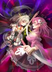  2girls asukaru_(magika_ru) bat_hair_ornament detached_sleeves dual_wielding fighting flower frilled_skirt frills hair_flower hair_ornament highres holding holding_sword holding_weapon irina_kushu japanese_clothes magia_record:_mahou_shoujo_madoka_magica_gaiden magical_girl mahou_shoujo_madoka_magica medium_hair multiple_girls pink_eyes pink_hair red_eyes skirt smile sword sword_clash tokiwa_nanaka weapon white_hair wide_sleeves 