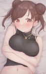  :i arms_under_breasts bed_sheet black_bra black_sweater blush bra breasts brown_hair crossed_arms double_bun earrings gameso hair_bun heart heart_earrings highres idolmaster idolmaster_shiny_colors jewelry large_breasts looking_at_viewer lying midriff navel on_back pout ribbed_sweater sleeveless sleeveless_turtleneck sonoda_chiyoko sweater turtleneck twintails underwear upper_body v-shaped_eyebrows 