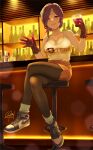  1girl bangs bar_(place) bar_stool black_pantyhose bottle breasts brown_eyes cleavage cocktail_glass collarbone commentary_request crossed_legs cup drinking_glass fire_emblem fire_emblem_heroes gloves highres holding holding_cup hooters kiran_(fire_emblem) large_breasts looking_at_viewer men&#039;youjan orange_shorts pantyhose purple_gloves purple_hair shoes short_hair shorts signature sitting sleeveless sneakers socks solo stool tank_top white_socks white_tank_top 