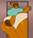  2022 absurd_res animal_crossing anthro big_butt biped bottomwear brown_body brown_fur butt canid canine clothed clothing digital_media_(artwork) doorway fur hi_res huge_butt hyper hyper_butt male mammal narrowed_eyes nintendo purplebubble raccoon_dog solo tanuki thick_thighs tom_nook_(animal_crossing) topwear underwear video_games wide_hips 